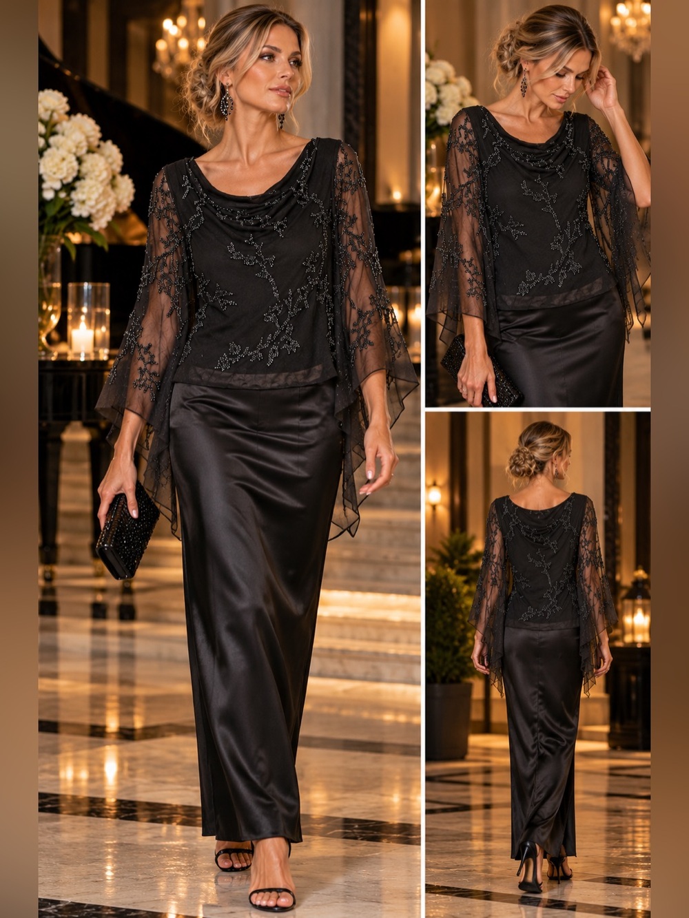 Scala Black Beaded Sheer-Sleeve Satin Gown Top